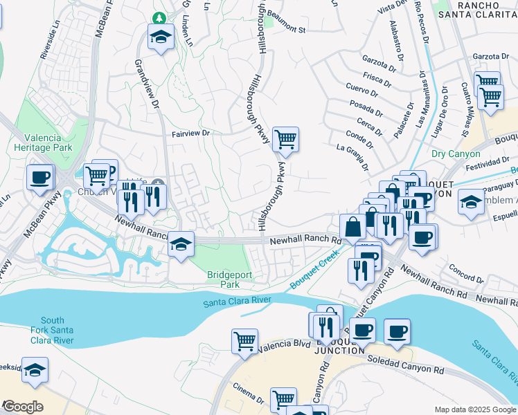 map of restaurants, bars, coffee shops, grocery stores, and more near 26967 Hillsborough Parkway in Santa Clarita