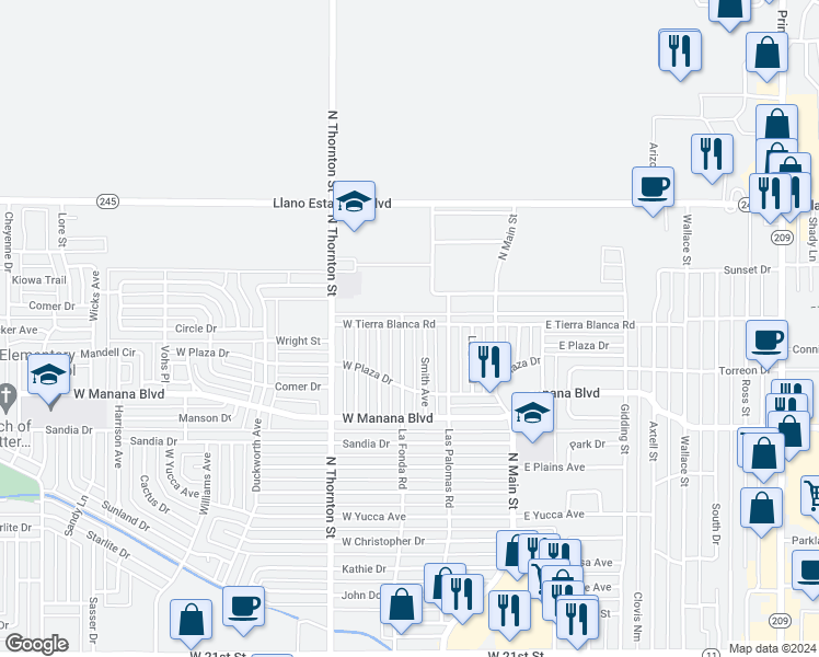 map of restaurants, bars, coffee shops, grocery stores, and more near 313 West Tierra Blanca Road in Clovis