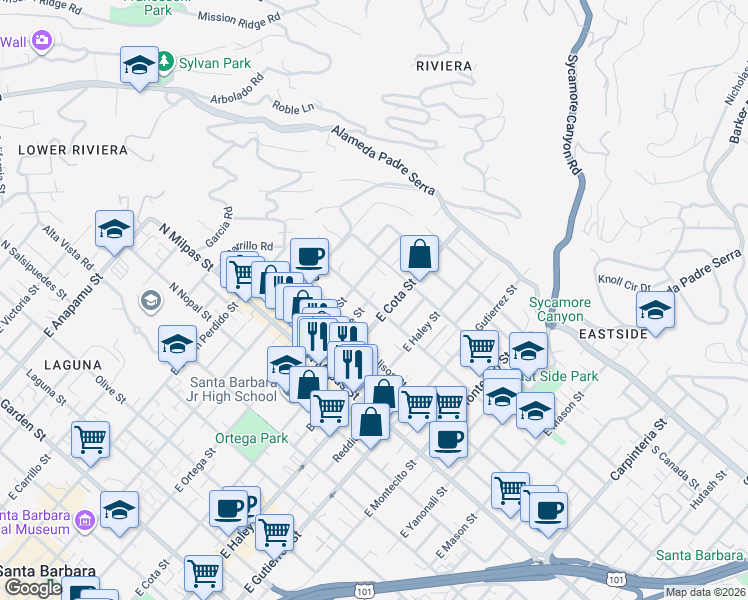 map of restaurants, bars, coffee shops, grocery stores, and more near 1030 Alphonse Street in Santa Barbara