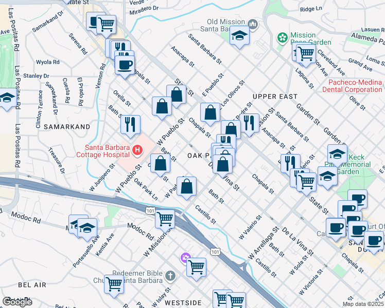map of restaurants, bars, coffee shops, grocery stores, and more near 225 Jesmary Lane in Santa Barbara