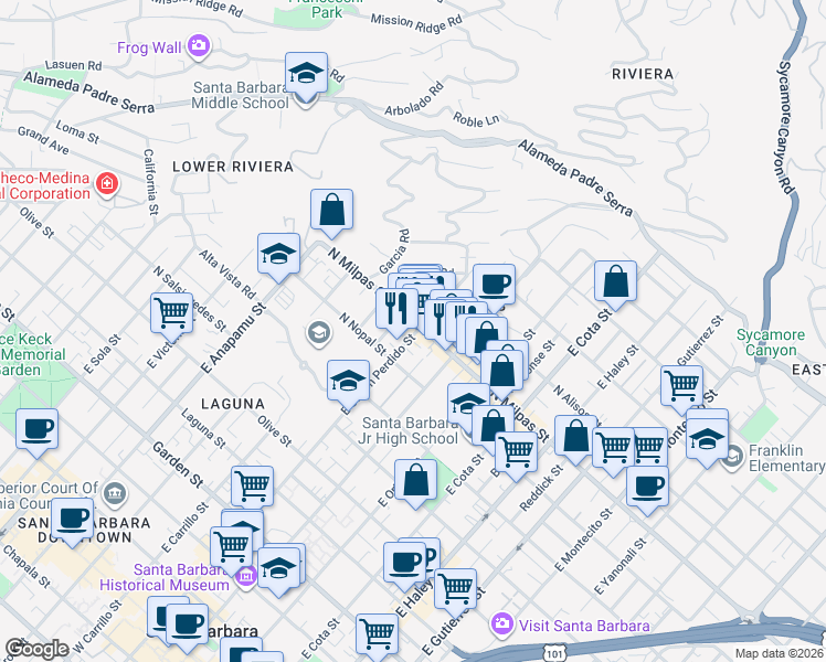map of restaurants, bars, coffee shops, grocery stores, and more near 835 East Canon Perdido Street in Santa Barbara