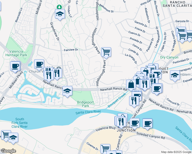 map of restaurants, bars, coffee shops, grocery stores, and more near 26963 Hillsborough Parkway in Santa Clarita