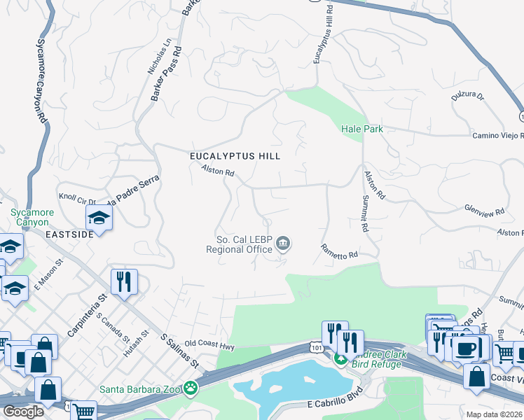 map of restaurants, bars, coffee shops, grocery stores, and more near 803 Cima Linda Lane in Santa Barbara
