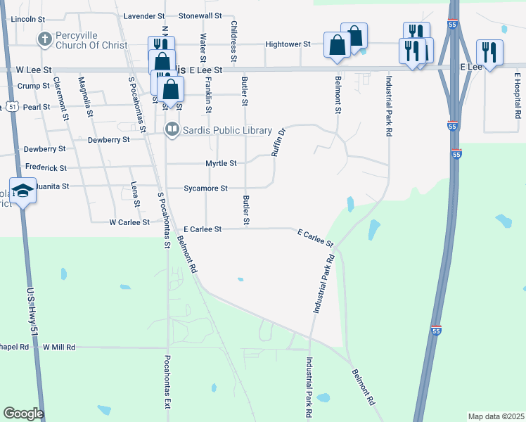 map of restaurants, bars, coffee shops, grocery stores, and more near 506 Butler Street in Sardis