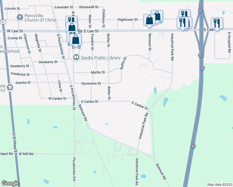 map of restaurants, bars, coffee shops, grocery stores, and more near 506 Butler Street in Sardis