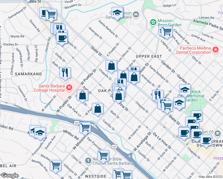 map of restaurants, bars, coffee shops, grocery stores, and more near in Santa Barbara