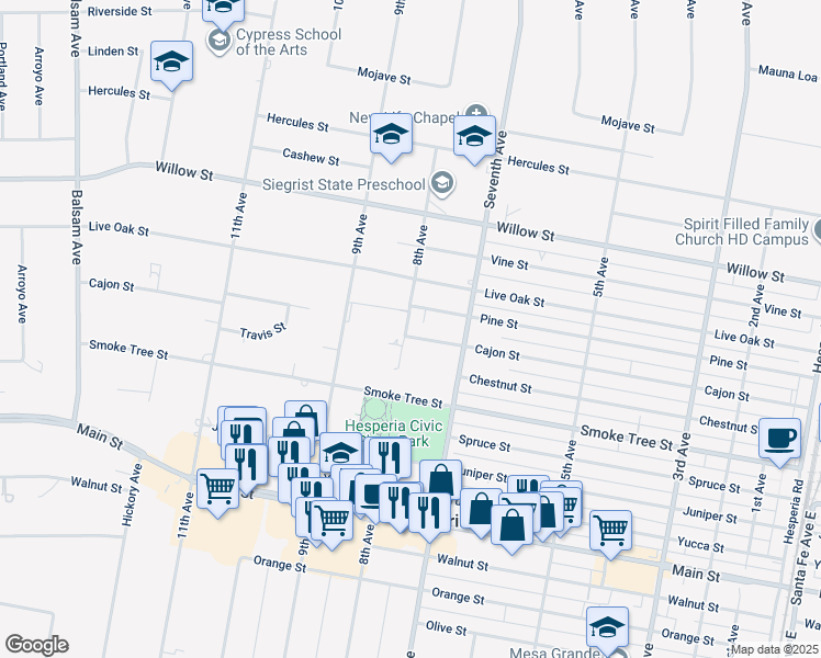 map of restaurants, bars, coffee shops, grocery stores, and more near 15890 Cajon Street in Hesperia