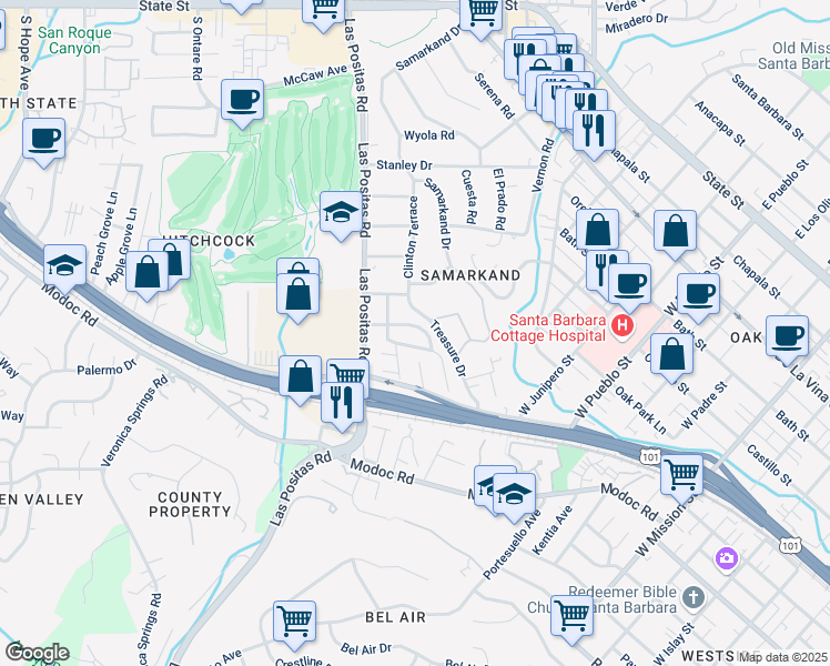 map of restaurants, bars, coffee shops, grocery stores, and more near 425 Baldwin Road in Santa Barbara