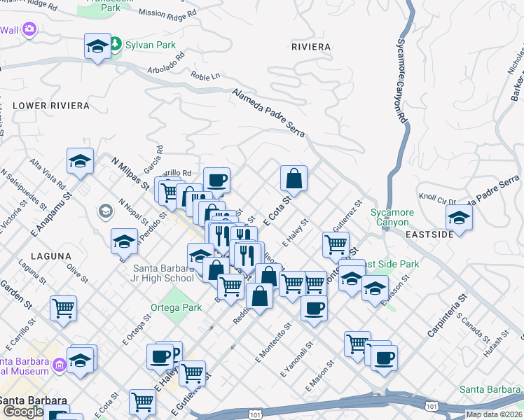 map of restaurants, bars, coffee shops, grocery stores, and more near 1030 Alphonse Street in Santa Barbara