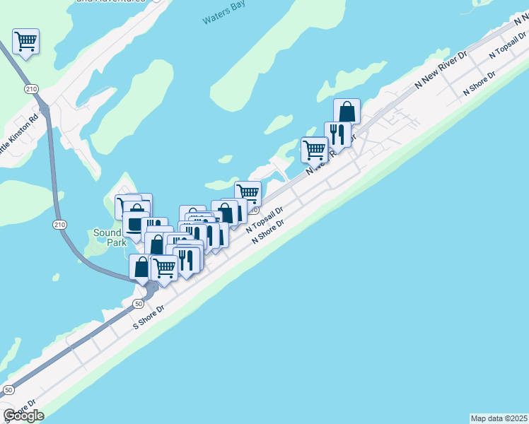 map of restaurants, bars, coffee shops, grocery stores, and more near 402 North Topsail Drive in Surf City