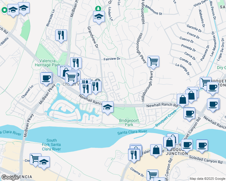 map of restaurants, bars, coffee shops, grocery stores, and more near 27025 Big Rapids Loop in Santa Clarita