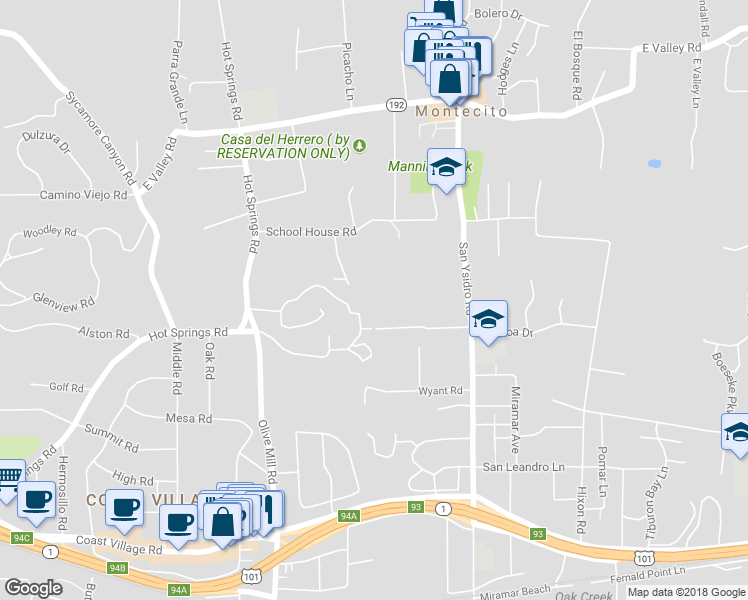 map of restaurants, bars, coffee shops, grocery stores, and more near 1411 School House Road in Santa Barbara