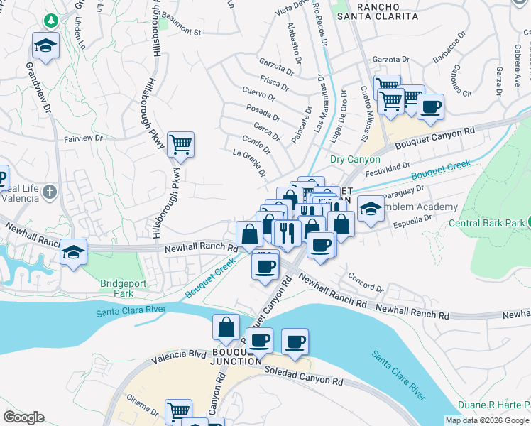map of restaurants, bars, coffee shops, grocery stores, and more near 26507 Tahoe Drive in Santa Clarita