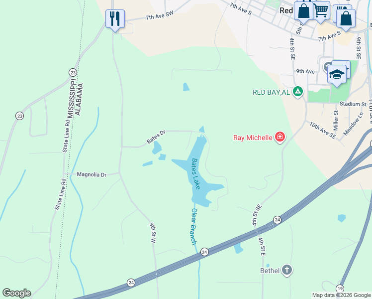 map of restaurants, bars, coffee shops, grocery stores, and more near 199 Jackson Lane in Red Bay