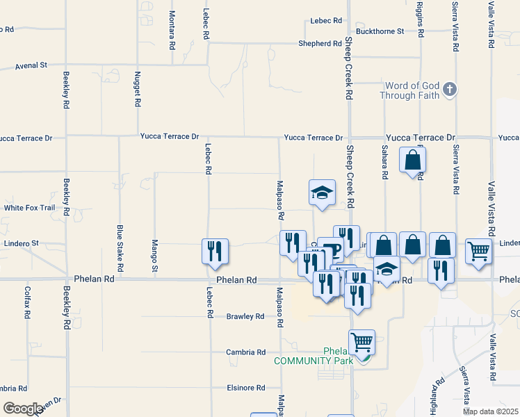 map of restaurants, bars, coffee shops, grocery stores, and more near White Fox Trail in Phelan