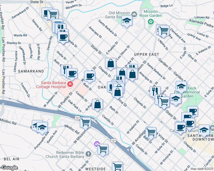 map of restaurants, bars, coffee shops, grocery stores, and more near in Santa Barbara