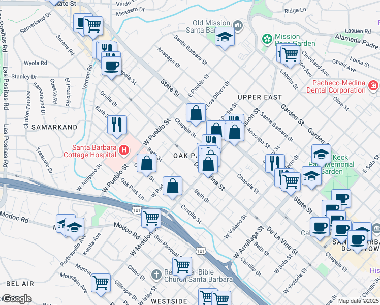 map of restaurants, bars, coffee shops, grocery stores, and more near 130 West Padre Street in Santa Barbara