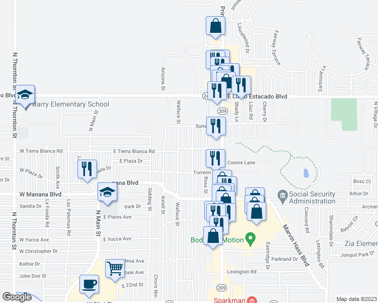map of restaurants, bars, coffee shops, grocery stores, and more near 3112 Sheldon Street in Clovis