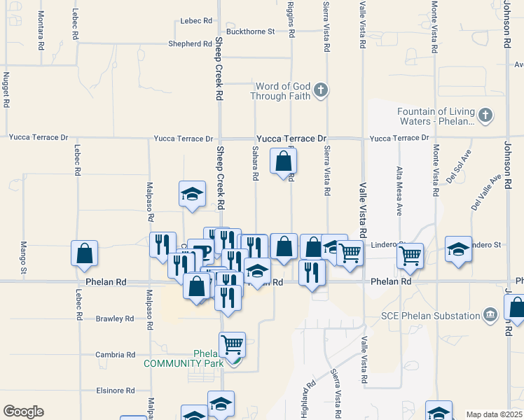 map of restaurants, bars, coffee shops, grocery stores, and more near in Phelan