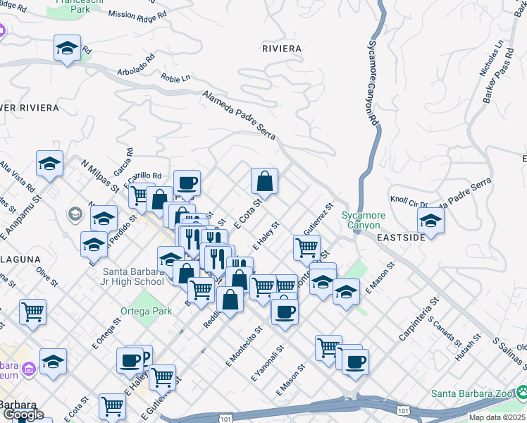 map of restaurants, bars, coffee shops, grocery stores, and more near 1119 Waldron Avenue in Santa Barbara