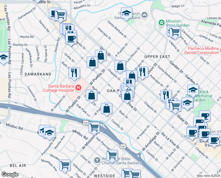 map of restaurants, bars, coffee shops, grocery stores, and more near 225 Jesmary Lane in Santa Barbara