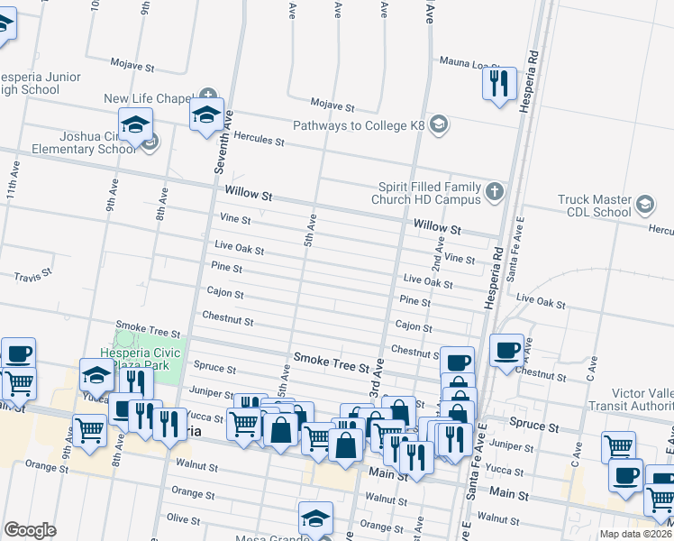 map of restaurants, bars, coffee shops, grocery stores, and more near 16285 Live Oak Street in Hesperia