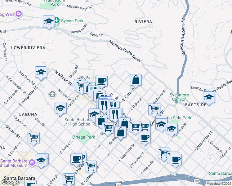 map of restaurants, bars, coffee shops, grocery stores, and more near 1030 Alphonse Street in Santa Barbara