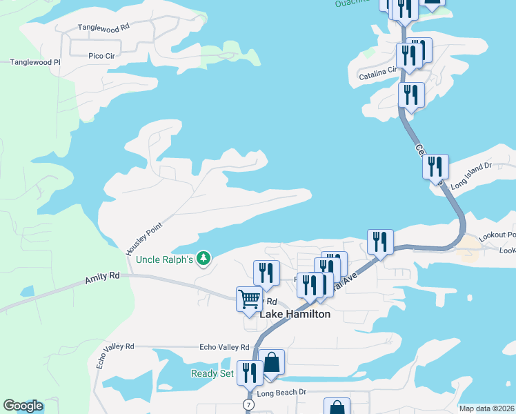 map of restaurants, bars, coffee shops, grocery stores, and more near 212 Wilson Point in Lake Hamilton