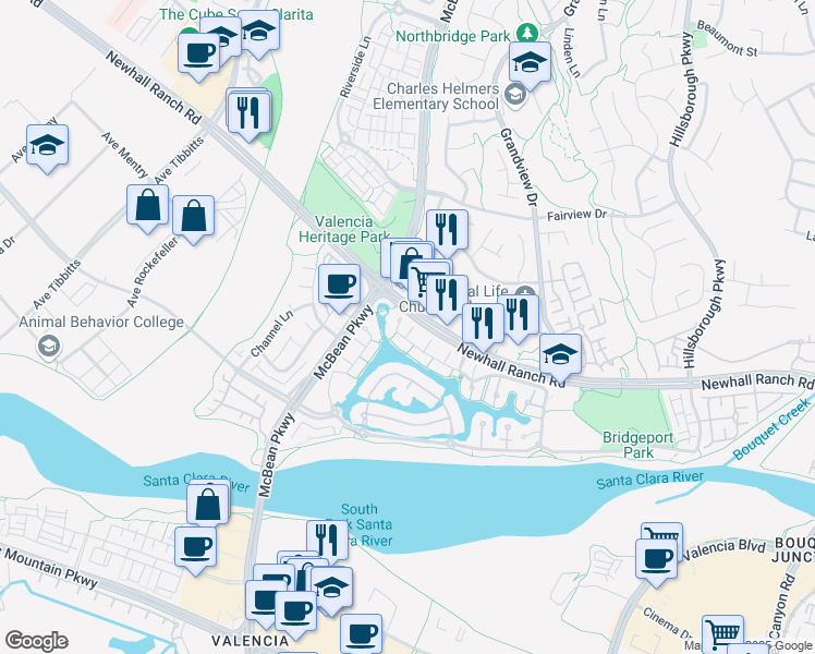 map of restaurants, bars, coffee shops, grocery stores, and more near 23943 Windward Lane in Santa Clarita