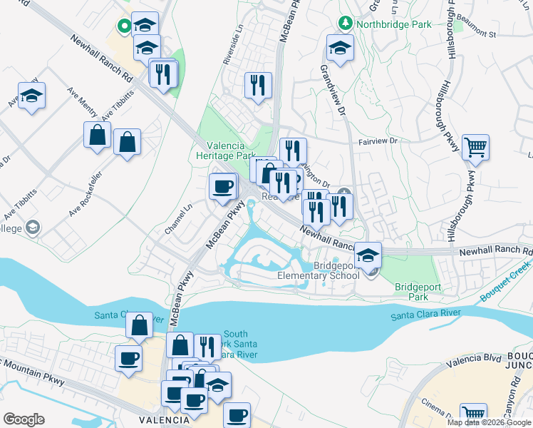 map of restaurants, bars, coffee shops, grocery stores, and more near 23943 Windward Lane in Santa Clarita