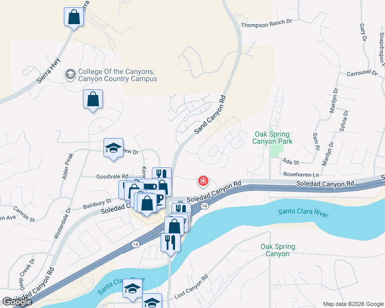 map of restaurants, bars, coffee shops, grocery stores, and more near 28504 Sand Canyon Road in Santa Clarita