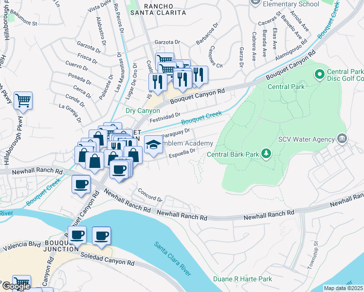 map of restaurants, bars, coffee shops, grocery stores, and more near 22512 Espuella Drive in Santa Clarita