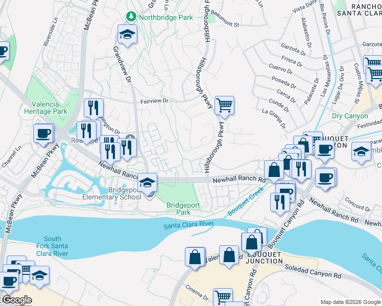 map of restaurants, bars, coffee shops, grocery stores, and more near 26961 Hillsborough Parkway in Santa Clarita