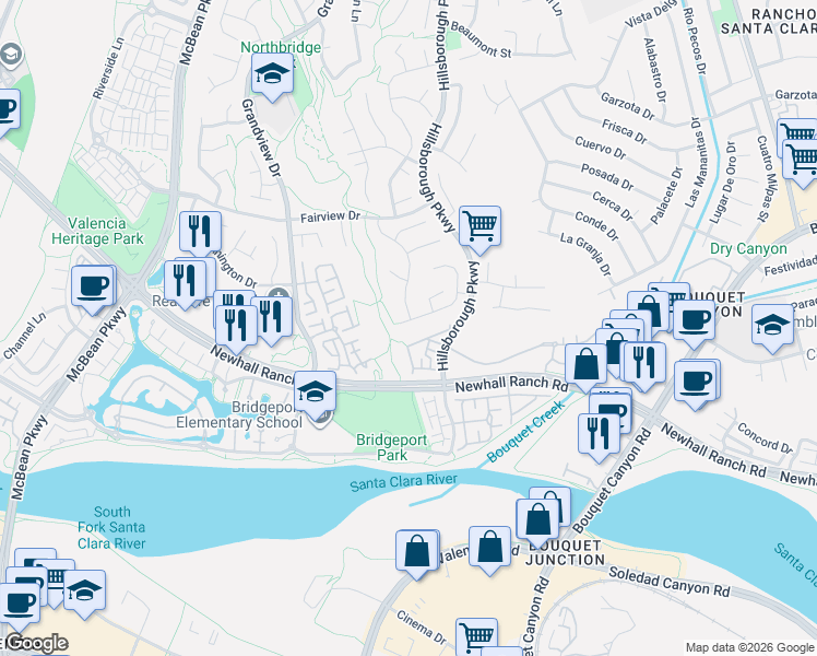 map of restaurants, bars, coffee shops, grocery stores, and more near 23462 Riversbridge Way in Santa Clarita