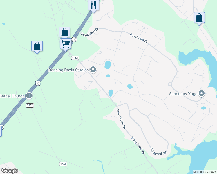 map of restaurants, bars, coffee shops, grocery stores, and more near 367-381 Sloop Point Road in Hampstead