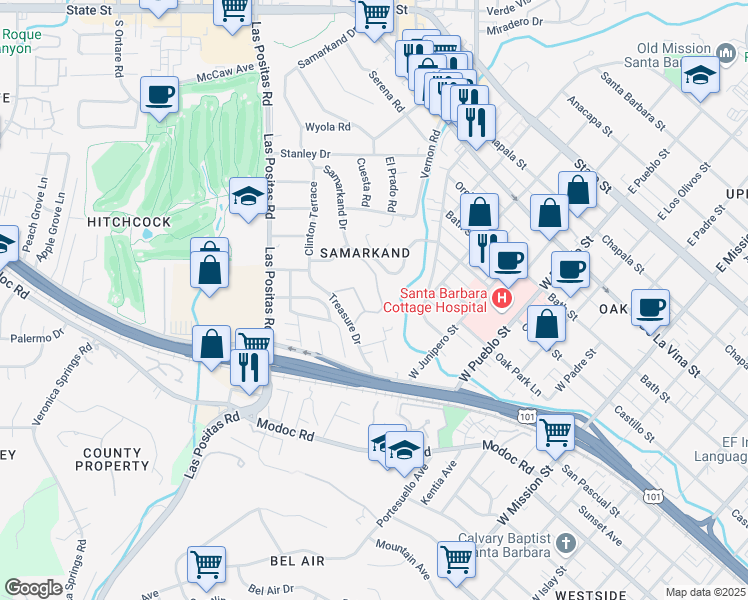 map of restaurants, bars, coffee shops, grocery stores, and more near 2550 Treasure Drive in Santa Barbara