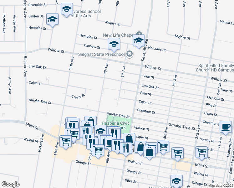 map of restaurants, bars, coffee shops, grocery stores, and more near 15890 Cajon Street in Hesperia
