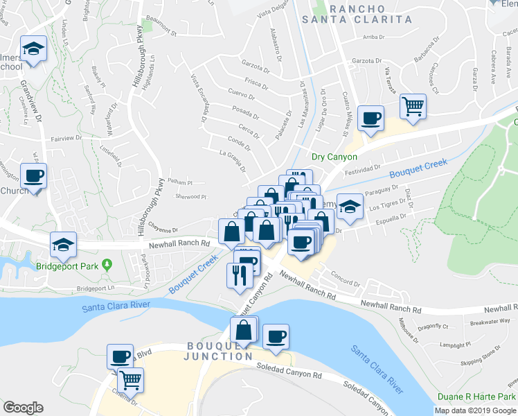 map of restaurants, bars, coffee shops, grocery stores, and more near 26565 Bouquet Canyon Road in Santa Clarita