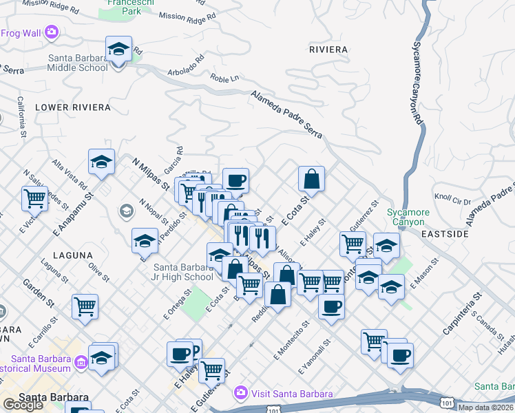 map of restaurants, bars, coffee shops, grocery stores, and more near 1027 East Ortega Street in Santa Barbara