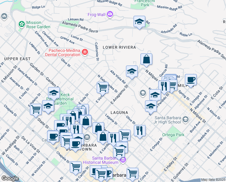 map of restaurants, bars, coffee shops, grocery stores, and more near 521 East Anapamu Street in Santa Barbara