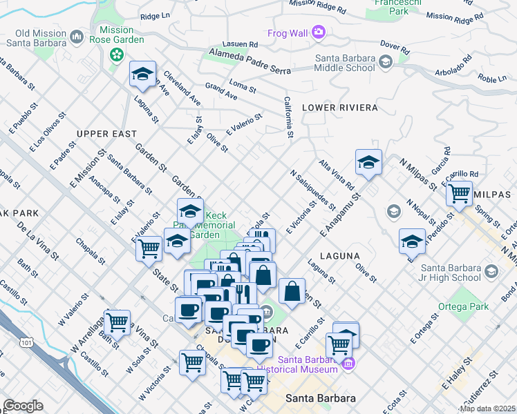 map of restaurants, bars, coffee shops, grocery stores, and more near 331 East Sola Street in Santa Barbara