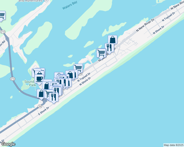 map of restaurants, bars, coffee shops, grocery stores, and more near 416 North Shore Drive in Surf City