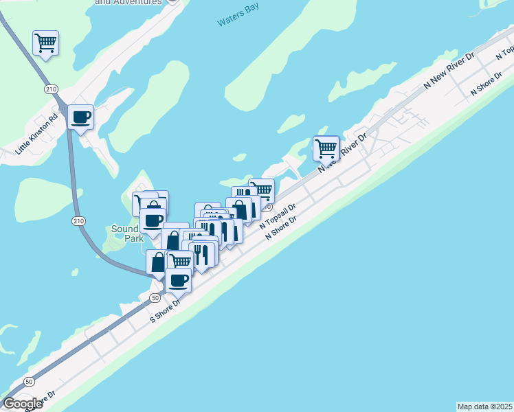 map of restaurants, bars, coffee shops, grocery stores, and more near 326 North New River Drive in Surf City