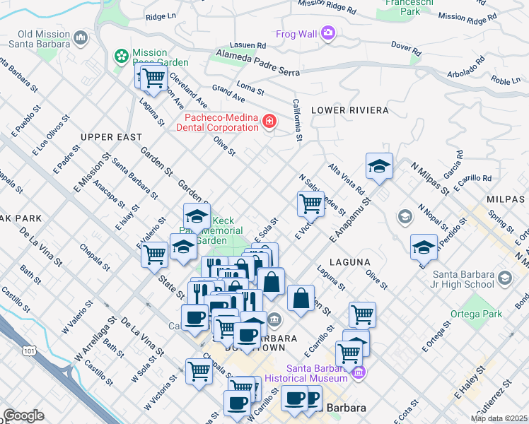 map of restaurants, bars, coffee shops, grocery stores, and more near 331 East Sola Street in Santa Barbara