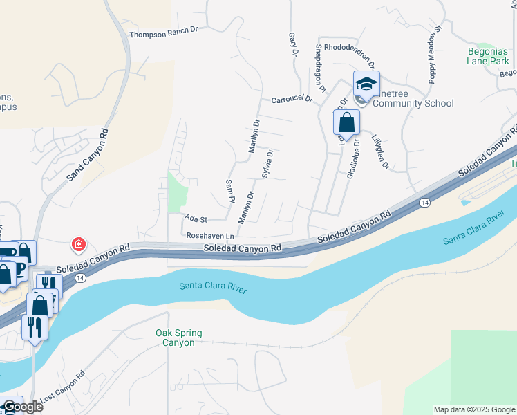 map of restaurants, bars, coffee shops, grocery stores, and more near 28927 Rue Daniel in Santa Clarita