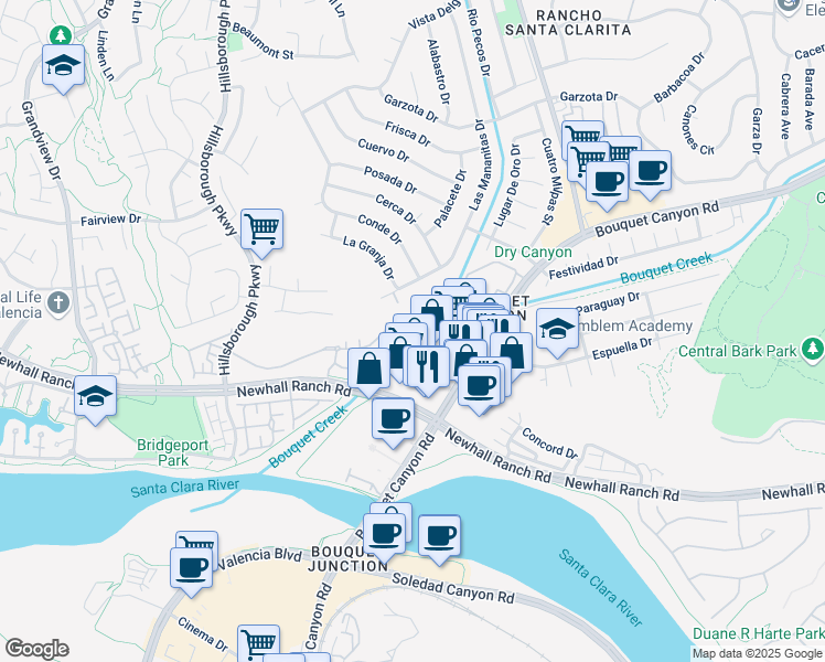 map of restaurants, bars, coffee shops, grocery stores, and more near 26502 Rock Creek Drive in Santa Clarita