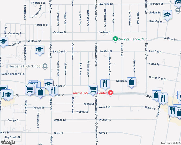 map of restaurants, bars, coffee shops, grocery stores, and more near 9881 Redwood Avenue in Hesperia