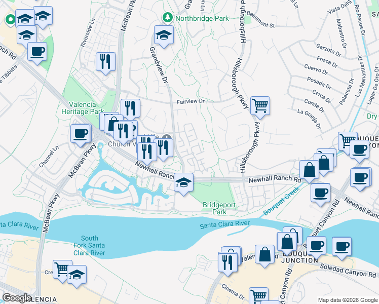 map of restaurants, bars, coffee shops, grocery stores, and more near 27102 Teton Trail in Santa Clarita