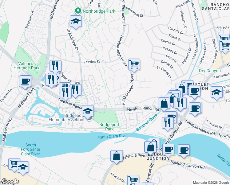map of restaurants, bars, coffee shops, grocery stores, and more near 26961 Hillsborough Parkway in Santa Clarita