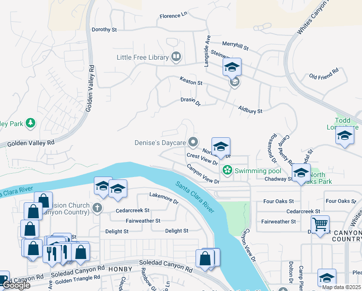 map of restaurants, bars, coffee shops, grocery stores, and more near 20053 Northcliff Drive in Santa Clarita